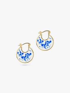 Everyday Single Enamel Earring, Trendy Blue Enamel Jewelry, Everyday Blue Jewelry For Spring, Trendy Enamel Drop Earrings, Elegant Round Earrings With Artistic Design, Chic Blue Jewelry For Summer, Elegant Blue Summer Earrings, Chic Blue Summer Jewelry, Elegant Blue Hoop Earrings For Everyday