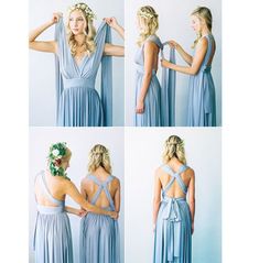 four pictures of a woman in blue dress with flowers on her head and wearing a flower crown