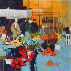 an oil painting of people shopping at a flower shop with flowers in the foreground