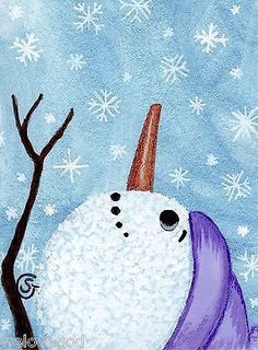 a painting of a snowman wearing a purple hat