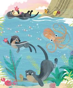 an illustration of sea animals swimming in the ocean