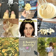 a collage of photos with yellow flowers and ice cream