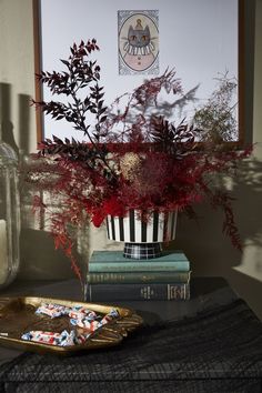 a vase filled with red flowers sitting on top of a table next to two books