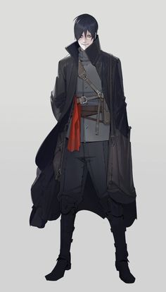 an anime character with black hair, wearing a long coat and red belted pants