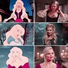 four different pictures of disney princesses in their dresses and hair, one with long blonde hair