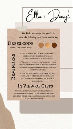 an info sheet with the words, dress code and price tags on it's side