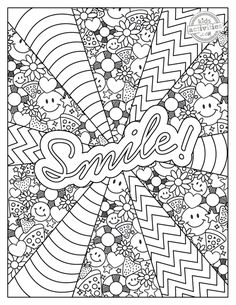 an adult coloring page with the word smile on it