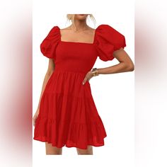 Nwt Color: Firered Product Details Fabric Type One Hundred Percent Rayon Care Instructions Machine Wash Origin Imported Closure Type Pull On About This Item S=Us 4-6,M=Us 8-10,L=Us 12-14,Xl=Us 16-18. Tips: For A Better Dress Experience, Suggest To Iron In Low Before Wearing! Features: Tunic Mini Dress Features Smocked Bodice, Elastic High Waist, Short Puff Sleeve, Solid Color, Flowy A Line Shape, Swing Mini Length, Square Neck Design, The Sleeves Can Be Pulled Down For A Sexy Off Shoulder Look. Bubble Sleeve Dress, Casual Sundress, Flowy Mini Dress, Floral Dresses Long, Winter Color, Bubble Sleeve, Sleeves Clothing, Mini Dress Casual, Dress Sewing