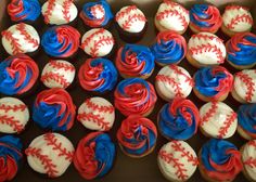 cupcakes with red, white and blue frosting in a box