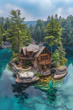 this is an aerial view of a house in the middle of some water with trees around it