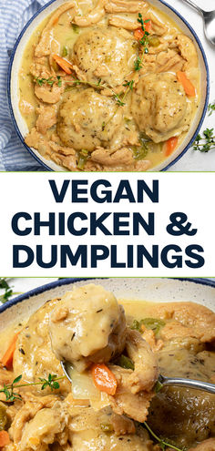 A bowl with vegan chicken and dumplings soup. Vegan Chicken And Dumplings, Chicken And Dumplings Soup, Soy Curls Recipes, Fluffy Dumplings, Vegan Dumplings, Chicken And Dumplings Recipe, Vegan Soul Food, Soy Curls, Vegan Chicken