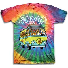 a tie - dye shirt with the words scooby do on it and an image of people riding in a bus