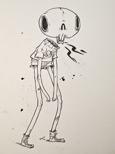 a black and white drawing of a cartoon character with an electric shock coming out of his mouth