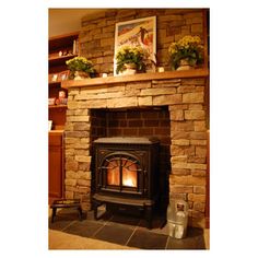 a stone fireplace with potted plants on the mantel above it and bookshelves in the background