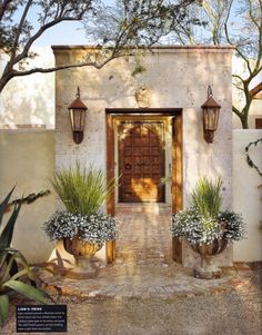 the entrance to a home with potted plants and cactuses in front of it