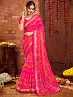 Prabha Saree - Roop Darshan Traditional Wardrobe, Bandhani Print, Border Saree, Back Neck Designs, Drape Saree, Utsav Fashion, Chiffon Material, Traditional Fabric, Georgette Saree