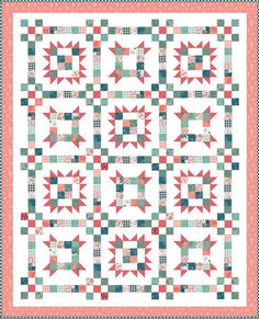 a quilt made with red, green and blue squares