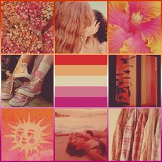 a collage of pictures with flowers, sun, and woman's face in the center