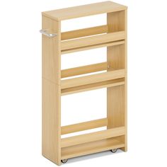 a wooden shelf with wheels on the bottom and two shelves above it, both side by side