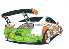 a drawing of a car painted in green and orange