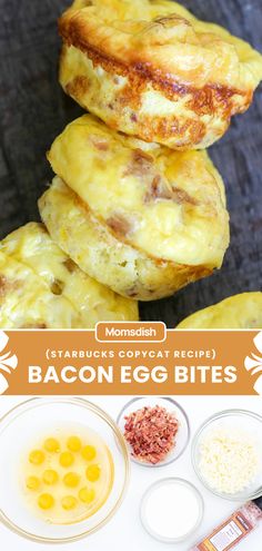 bacon egg bites are stacked on top of each other and ready to be eaten for breakfast