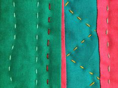 three different colored pieces of fabric with stitching on them, one is green and the other is pink