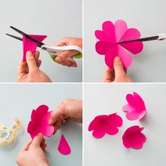 the process of making paper flowers is shown with scissors and construction material, including pink petals