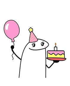 a cartoon character holding a birthday cake and balloon