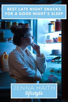 a woman standing in front of an open refrigerator talking on her cell phone with the words best late night snacks for a good night's sleep