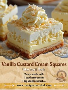 vanilla custard cream squares are stacked on top of each other with the words vanilla custard cream squares below