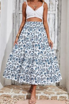 dress PRETTYGARDEN Blue Printed Beach Skirt, Blue Ruffled Maxi Skirt, Blue Ruffled Maxi Skirt For Vacation, Casual Blue Maxi Skirt With Ruffles, Casual Blue Ruffled Maxi Skirt, Summer Dresses Floral, Beach Dresses Summer, Bohemian Floral, Vintage Maxi Dress