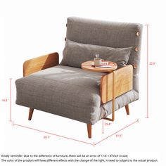 a chair with a tray on it and measurements for the seat cushion, arm rest and foot rest