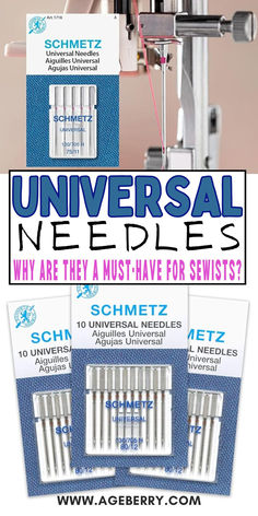 An informative graphic showcasing Schmetz universal sewing machine needles. The packaging is displayed alongside a sewing machine needle in action. The headline reads, 'Universal Needles: Why are they a must-have for sewists?' in vibrant blue and purple text, with the Ageberry.com website included for reference.