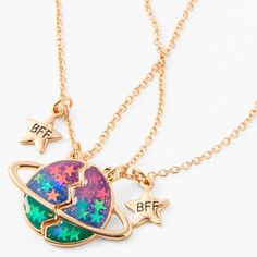 All the powers in all of the galaxy couldn't pull you and your bestie apart! Share that bond in matching style with this pair of best friends necklaces featuring adorable star "BFF" charms. Best of all: they glow in the dark! Finish: Gold-tone Length: 16" + 3" extender Closure: Lobster clasp Pack Size: 2 Material: Metal - Claire's Best Friends Glow In The Dark Outer Space Split Pendant Necklaces - 2 Pack Trendy Star-shaped Friendship Jewelry, Trendy Star-shaped Jewelry For Friendship, قلادات متدلية, Bff Necklace, Bff Jewelry, Best Friend Necklace, Friendship Necklace, Friend Jewelry, Bff Necklaces