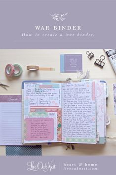 an open book with writing on it next to some scissors and other crafting supplies