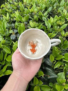 a hand holding a white cup with a small orange fish in it's center