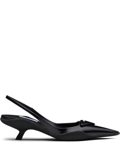 Black leather triangle patch slingback pumps from PRADA featuring logo patch to the front, pointed toe, slingback strap and branded insole. | Prada Triangle Patch Slingback Pumps Shoe Closets, Prada Triangle, Black Heels Low, Fashion Content, Heart Shoes, Fancy Shoes, Miuccia Prada, Pointed Heels, Black Leather Heels