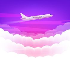 an airplane is flying over the clouds in this colorful scene with pink and purple hues