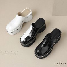 Lasaky - Studded Platform Sandals with Thick Soles: Exquisite Leather Slides for High-Fashion Outdoor Wear Trendy Leather Platform Slippers With Round Toe, Casual White Leather Platform Slippers, Leather Platform Slippers With Round Toe, Summer Mules With Metal Feet And Round Toe, Trendy Sandals With Metal Feet And Round Toe, White Leather Slip-on Platform Slippers, Trendy Flat Heel Platform Mules, Chic Leather Platform Slippers With Closed Toe, Summer Pointed Toe Clogs With Removable Insole