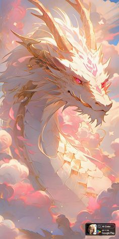 a white dragon flying through the sky above clouds