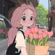 a girl with pink hair is holding a bouquet of tulips