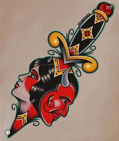 an artistic tattoo design on the back of a woman's head, with two faces