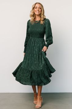 Stockholm Smocked Dress | Dark Green - Baltic Born Green Dress Outfit, Christmas Pictures Outfits, Smocked Sleeve, Hunter Green Dresses, Flowy Dress Long, Midi Dress Fall, Tulle Maxi Dress, Dark Green Dress, Christmas Dress Women