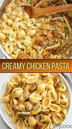 creamy chicken pasta in a white bowl with a wooden spatula next to it and the title overlay reads creamy chicken pasta