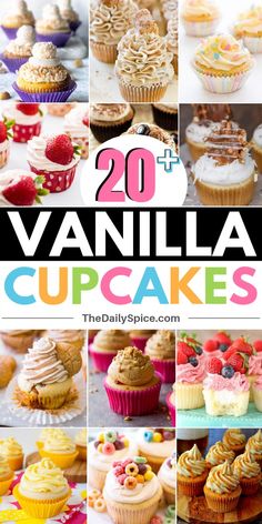 the top 20 vanilla cupcakes are shown in this collage with text overlay