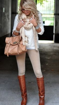 Business casual work outfit: Cream sweater, tan skinnies, matching scarf & brown boots. I like this but not sure how it'd look on me Trendy Beige Winter Pants, Chic Brown Fall Leggings, Casual Brown Leggings For Fall, Trendy Beige Leggings For Fall, Brown Pants For Day Out In Fall, Trendy Brown Winter Leggings, Brown Pants For Fall Day Out, Cream Pants For Fall Day Out, Trendy Brown Leggings For Fall