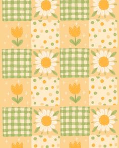 a yellow and green checkered fabric with white flowers on the front, and polka dot dots