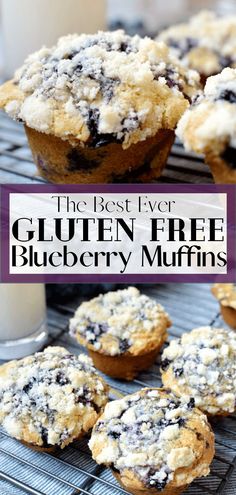 blueberry muffins on a cooling rack with the words, most and fluffy gluten free blueberry muffins