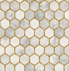 a white marble and gold hexagonal tile wallpaper with an intricate geometric pattern