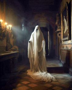 a ghostly ghost standing in a dark room with candles on either side of the door